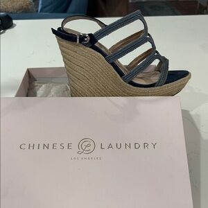 Chinese Laundry Navy and Tan Wedge Sandals